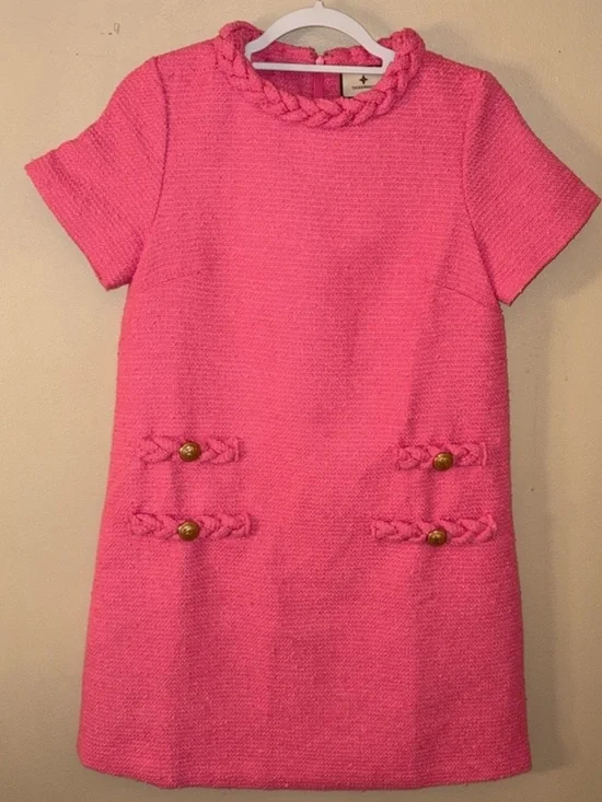 🎀 Tuckernuck Jackie Pink Tweed 60s Mini Shift Dress Large - Picture 3 of 8